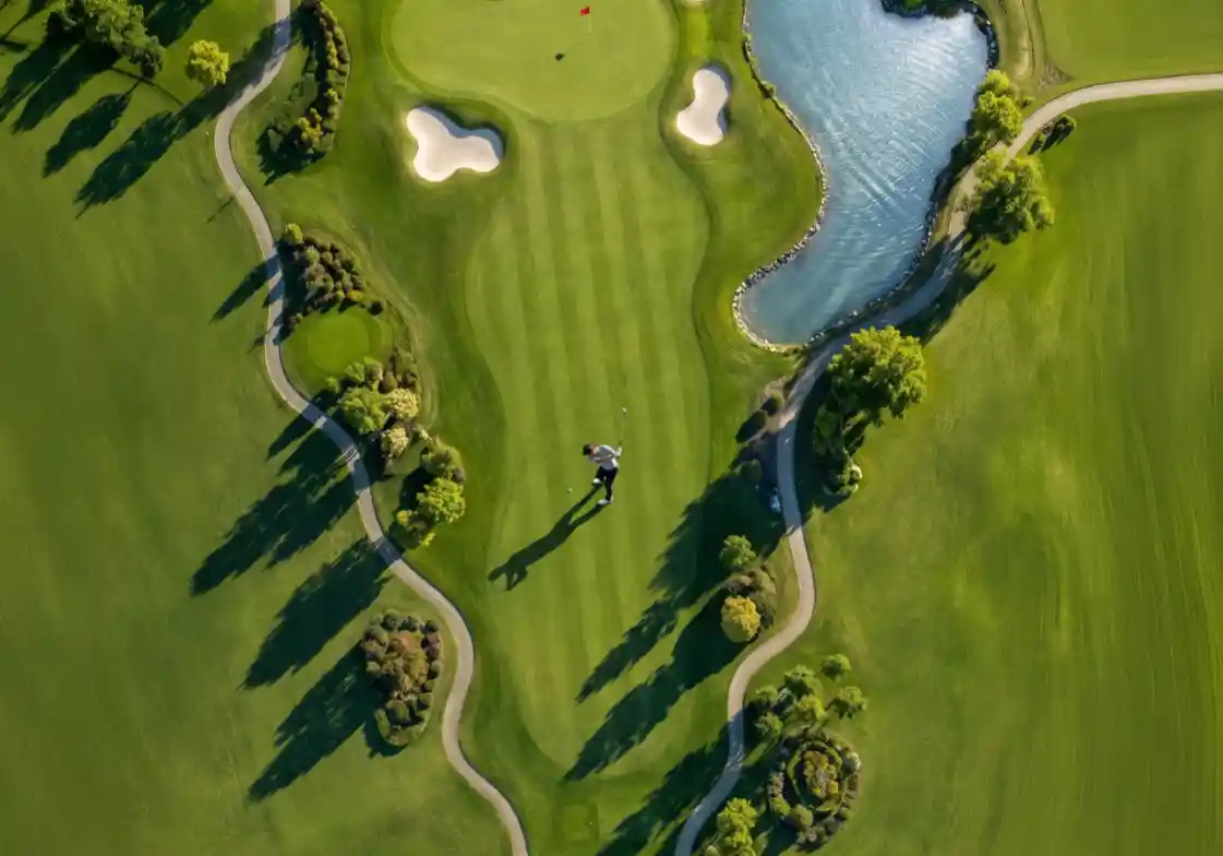 Aerial view of landscaped gardens and open spaces