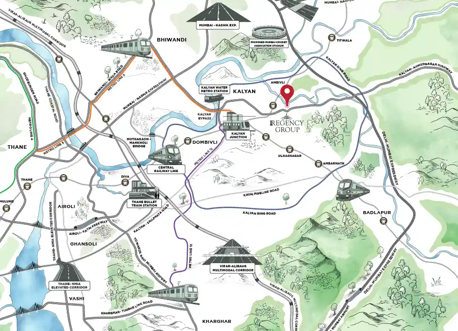 Location map of Regency by the River in Kalyan showing nearby roads and railway stations